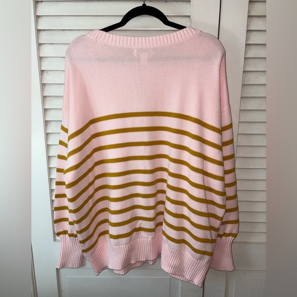 NWT Lands’ End Drifter Cotton Sweater Seasalt Pink Dijon Stripe Plus 2X 20W-22W - Picture 4 of 6